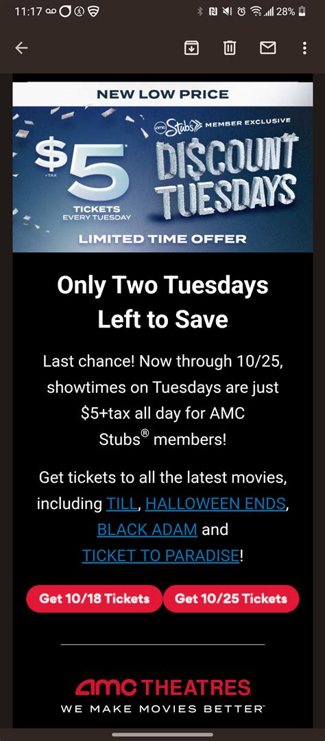 ) Earn points 5x faster 100 points for every 1 spent at the box office and concession stand. . Amc discount tuesday not working